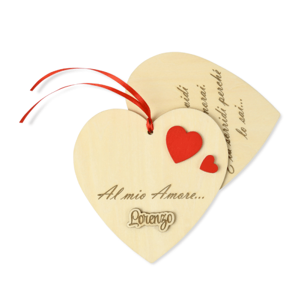 Cuore da Appendere in Legno con nastro Rosso Personalizzato con nome e dedica – Regalo San Valentino per Lui e per Lei