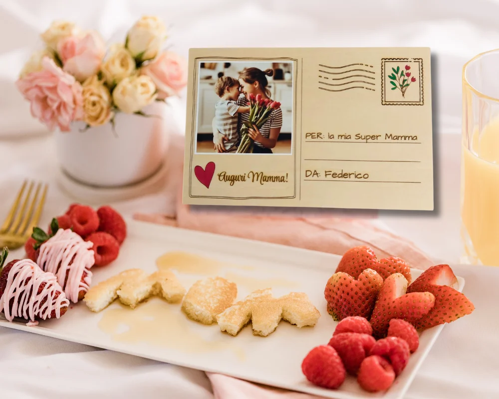 Biglietto Auguri In Legno Per La Festa Della Mamma: Cartolina Con Rosa, I Love You Mom, In Bambù Con Busta