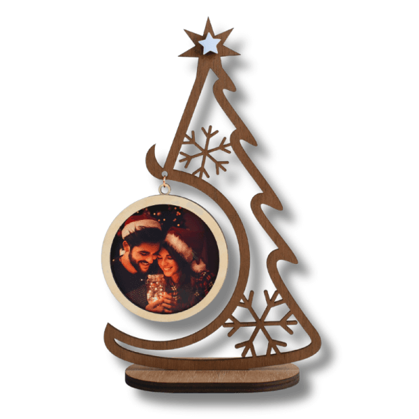 Decorazione Natalizia in Legno con Portafoto Personalizzabile, a Forma di Albero di Natale con Stella e Fiocchi di Neve
