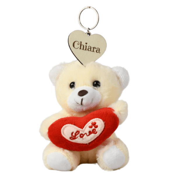 Orsetto Portachiavi Personalizzabile in Peluche, con Cuore Rosso Love e tag con Nome