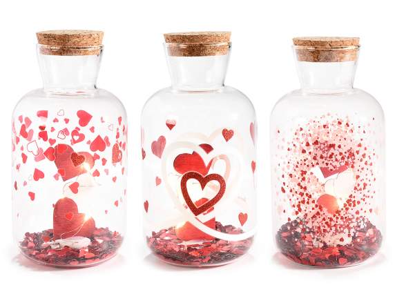 Set di Barattoli in vetro decorato c/paillettes a cuore e luci LED