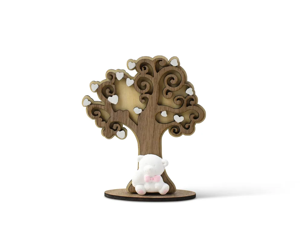 Bomboniere Battesimo Bimba – Set 4 Pezzi Con Orsetto Rosa E Albero Della Vita – Modelli Assortiti